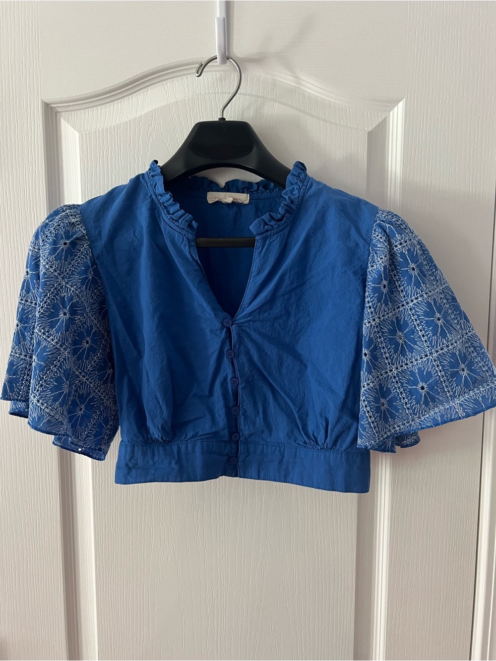 Solitaire Royal Blue Embroidered Puff Sleeve Crop Top